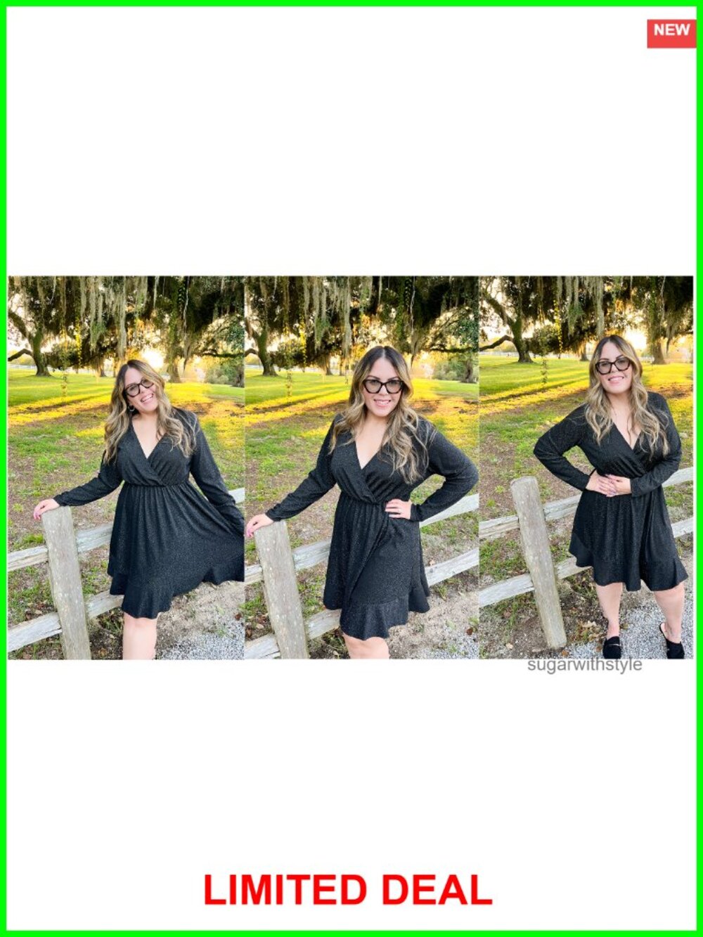 Plus Size Glitter Long Sleeve V Neck Ruffle Hem Swing Club Cocktail Party Dress - Picture 5 of 5